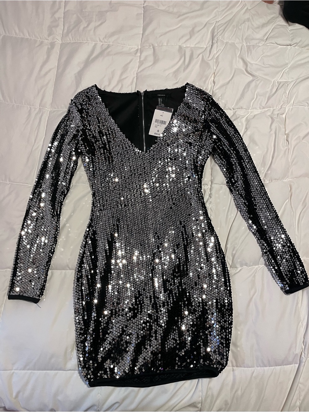 Forever 21 Black and Silver Sequin Long Sleeve V-Neck Dress